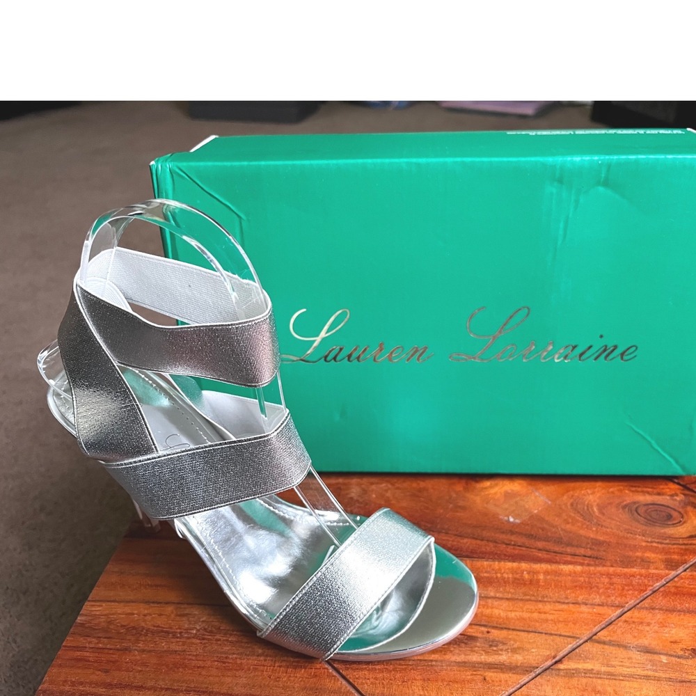 Lauren Lorraine Dallas Silver Metallic Multi Strap Stiletto Sandals Womens 6.5M‎